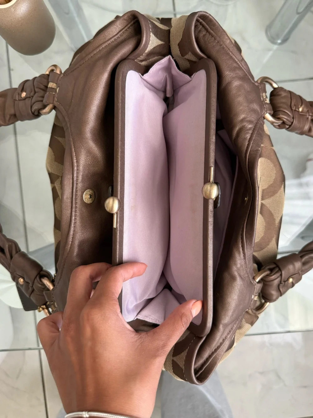 Coach Brown Signature Canvas Kiss Lock Satchel Bag